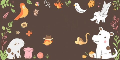 Vector flyer brochure template featuring colorful doodle children drawings including animals, nature, and objects, perfect for educational or childcare-related events, drawing, doodle