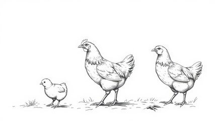 Fototapeta premium Vector hand-drawn set of engraved chickens and chicks, ideal for illustrating chicken breeding and roster concepts, chick, set