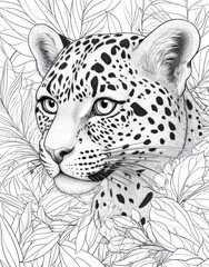 Obraz premium Close-up monochrome leopard portrait amidst foliage.