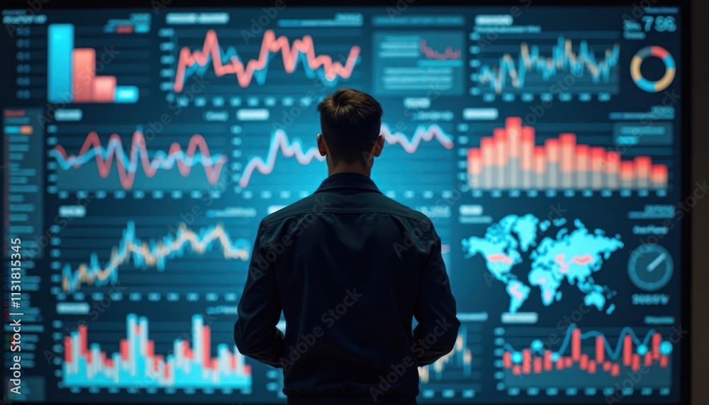 Poster man analyzes data on large screen with charts, graphs. business data displayed on wall of screens. t
