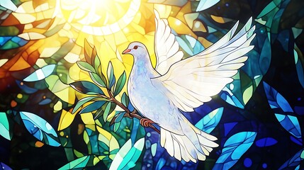 Fototapeta premium Stained glass dove with olive branch, sun.