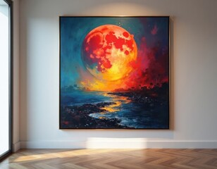 Colorful abstract artwork vibrant red moon over coastal scene. Ocean meets shore with rocks. Palm...