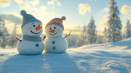 Obraz premium Two snowmen wearing felt hats standing in the snow