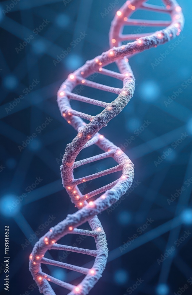 Aufkleber Rotating dna helix structure glows with bright lights. Abstract network connections on blue backdrop show complex biological process. Modern technology, genetic engineering themes. Image ideal for
