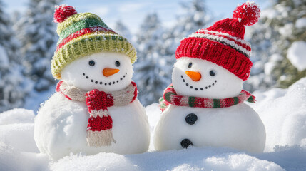 Obraz premium Two snowmen wearing felt hats standing in the snow