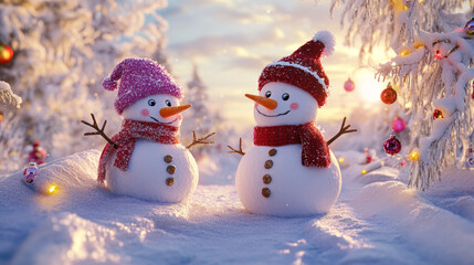 Obraz premium Two snowmen wearing felt hats standing in the snow