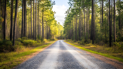 Fototapeta premium Gravel road in pine forest, rustic and rural charm