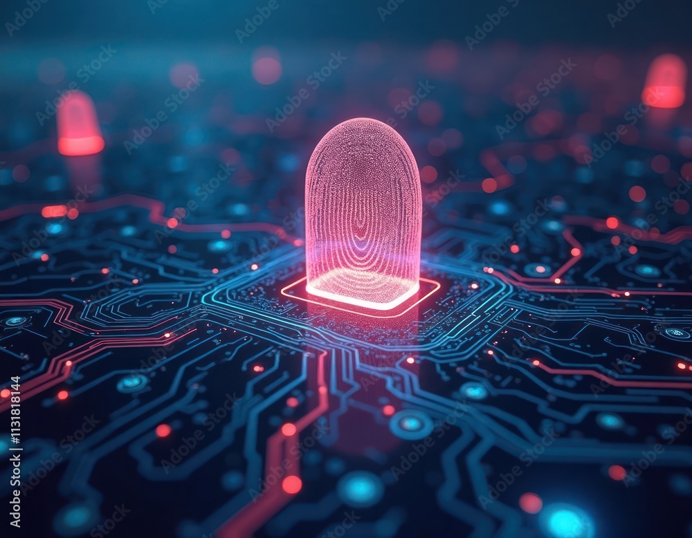 Fototapete Digital fingerprint projected on tech circuit board. Modern biometric tech secures digital data. Cyber security concept. Advanced tech illustration. Secure identification on circuit board. Biometric