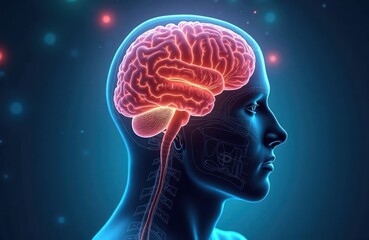 Obraz premium Human head anatomy shows brain, spinal cord. Medical illustration highlights brain health, neurological concepts. Image displays complex structure of nervous system. Potentially useful for
