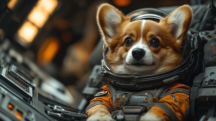 Adorable corgi dog in astronaut suit, space exploration.