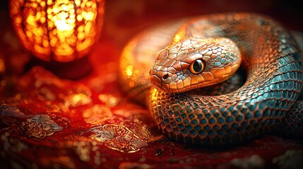 Fototapeta premium Coiled snake with shimmering scales and glowing light