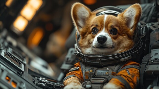 Adorable corgi dog in astronaut suit, space exploration.