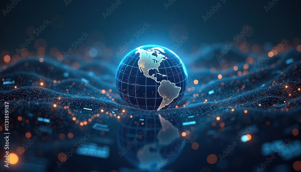 Poster Digital representation of Earth. Futuristic financial setting at night. Data visuals, graphs surround globe. Tech trends, innovations evident. Global business data. Global finance concepts.