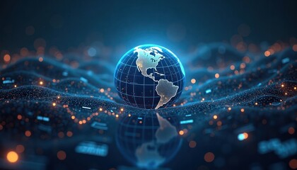 Digital representation of Earth. Futuristic financial setting at night. Data visuals, graphs surround globe. Tech trends, innovations evident. Global business data. Global finance concepts.