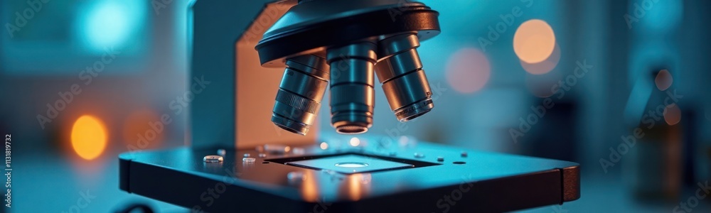 Aufkleber closeup view of microscope lens with blue, orange bokeh lights. scientific research equipment highli