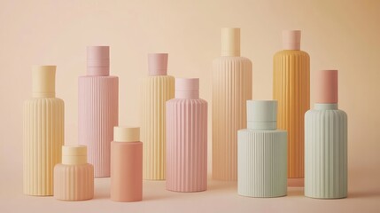 Obraz premium A collection of pastel-colored cosmetic bottles arranged aesthetically.