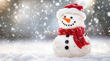 Fototapeta premium Snowman with red scarf in winter