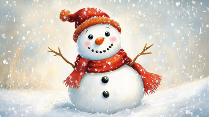 Fototapeta premium Snowman with red scarf in winter