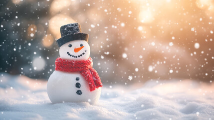 Fototapeta premium Snowman with red scarf in winter