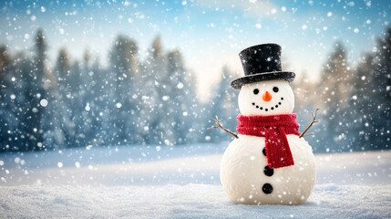 Fototapeta premium Snowman with red scarf in winter