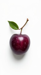 Obraz premium Freshly Picked Plum Resting on a Clean White Background With a Green Leaf Attached. Generative AI