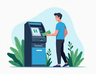 Man withdraws cash from ATM machine. He receives money from machine. Green leaves and light blue background suggest a park or outdoor setting. Transaction is simple and everyday.