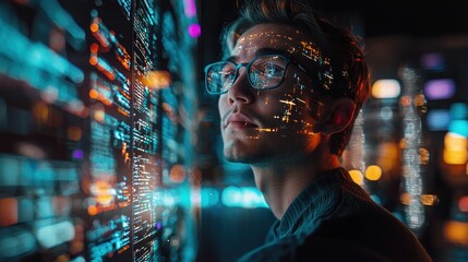 Advanced AI System Training by Software Developer on Interactive Touchscreen in Futuristic Tech Environment