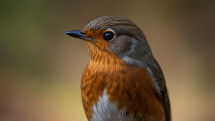 Fototapeta premium Close-up Portrait of a European Robin Bird with Vibrant Orange Breast and Dark Eyes