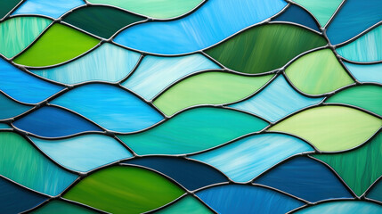 Fototapeta premium Mosaic texture stained glass Colorful stained glass waves in shades of blue and green create a vibrant, flowing pattern.