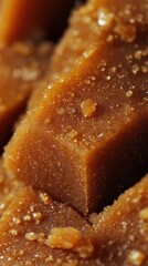 Close-up of rich, golden brown caramel candies with visible sugar crystals.