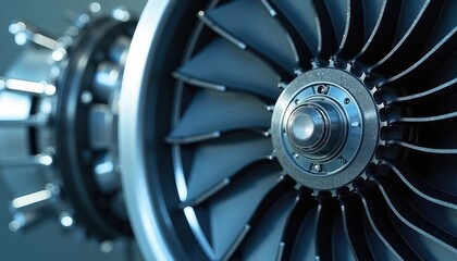 Close-up view of jet engine turbine. Advanced tech highlighted. Details of turbine blades, engine parts. Propulsion tech optimization central topic. Future aviation systems development key element.