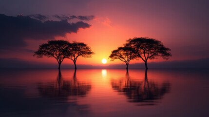 Serene sunset reflection over tranquil water and silhouettes of trees