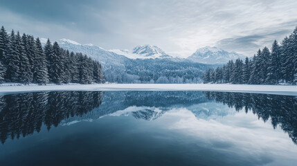 Fototapeta premium Reflection of snowy mountains on lake in winter