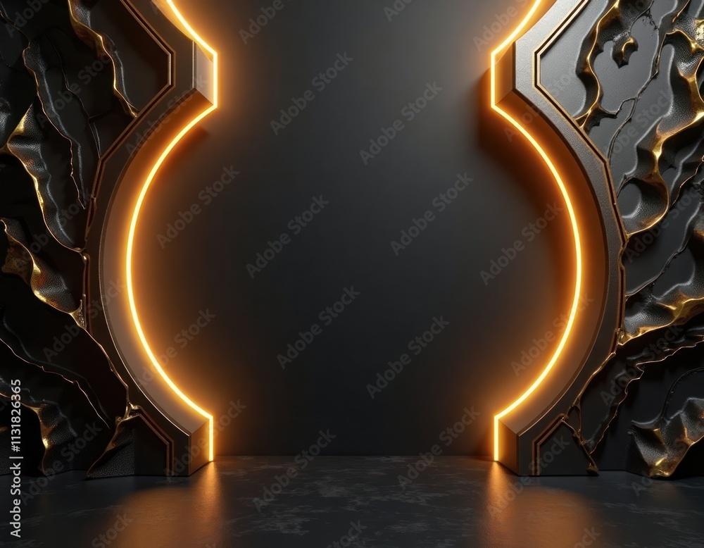 Poster abstract 3d rendering shows black, gold luxury interior design. geometric shapes create sophisticate