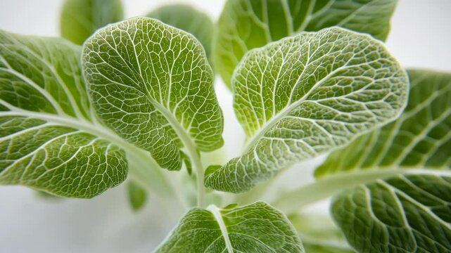 Vibrant green bok choy leaves showcasing intricate vein patterns in natural light