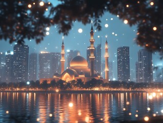 Fototapeta premium Nighttime Mosque Cityscape Peaceful Reflection Golden Lights
