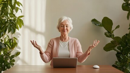 A smiling elderly woman sits at a desk with plants, using a tablet, expressing joy and engagement in a bright, inviting environment.