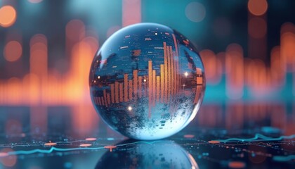Futuristic crystal ball displays growing bar graph reflecting financial charts. Dynamic tech background shows data visualization, growth. Trendy image for business tech, investment themes. Suitable