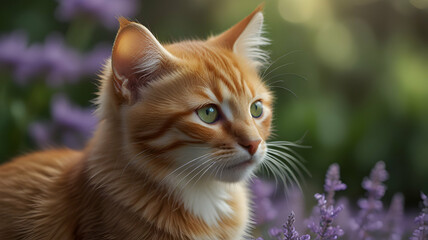 Obraz premium Adorable Ginger Kitten Amidst Lavender Blossoms: A Portrait of Feline Serenity in a Garden Setting