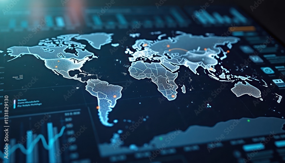 Aufkleber Global logistics dashboard displays world map with data points. Analytics and visualizations show global supply chain. Tech map highlights important locations.