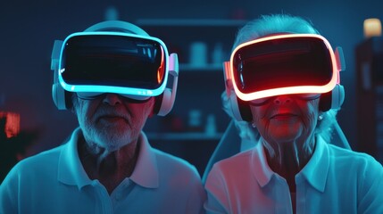 An elderly couple enjoys virtual reality through sleek headsets, illuminated by colorful lights, showcasing technology bridging generations.
