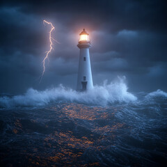 Fototapeta premium Dramatic Lighthouse Scene with Crashing Waves and Lightning Storm