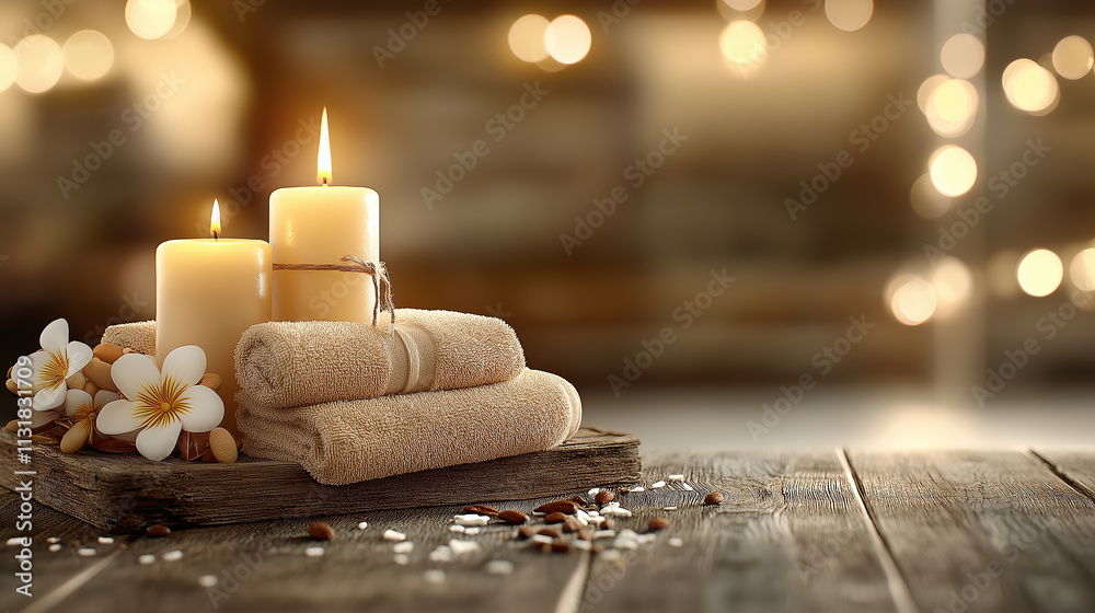 Poster serene spa setup featuring soft towels, aromatic candles, and delicate flowers creates calming atmosphere for relaxation and rejuvenation