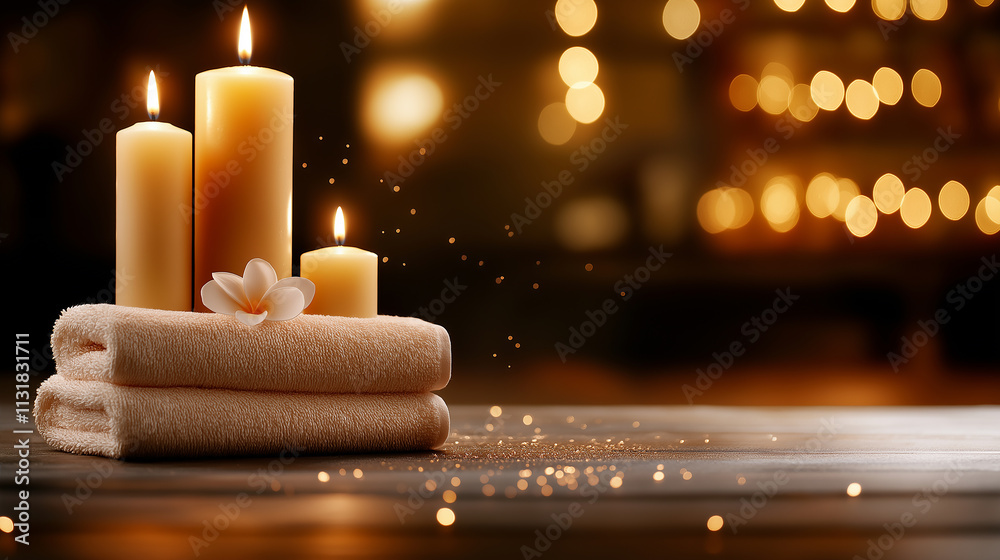 Poster serene spa setup featuring soft towels, aromatic candles, and delicate flower, creating calming atmosphere perfect for relaxation and rejuvenation