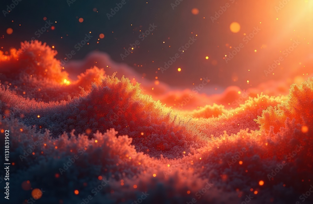 Aufkleber fiery abstract 3d landscape with glowing particles. molten textures, warm color palette create dynam