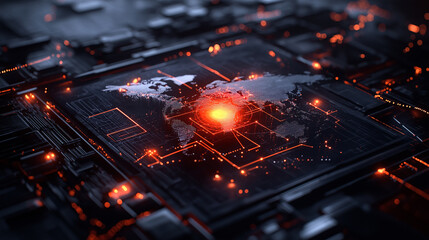 digital map visualization showcasing global threats with glowing red highlights, representing data and technology. intricate design emphasizes connectivity and risk awareness