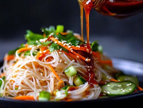 Delicious Asian-style rice noodle salad with vegetables and dressing.