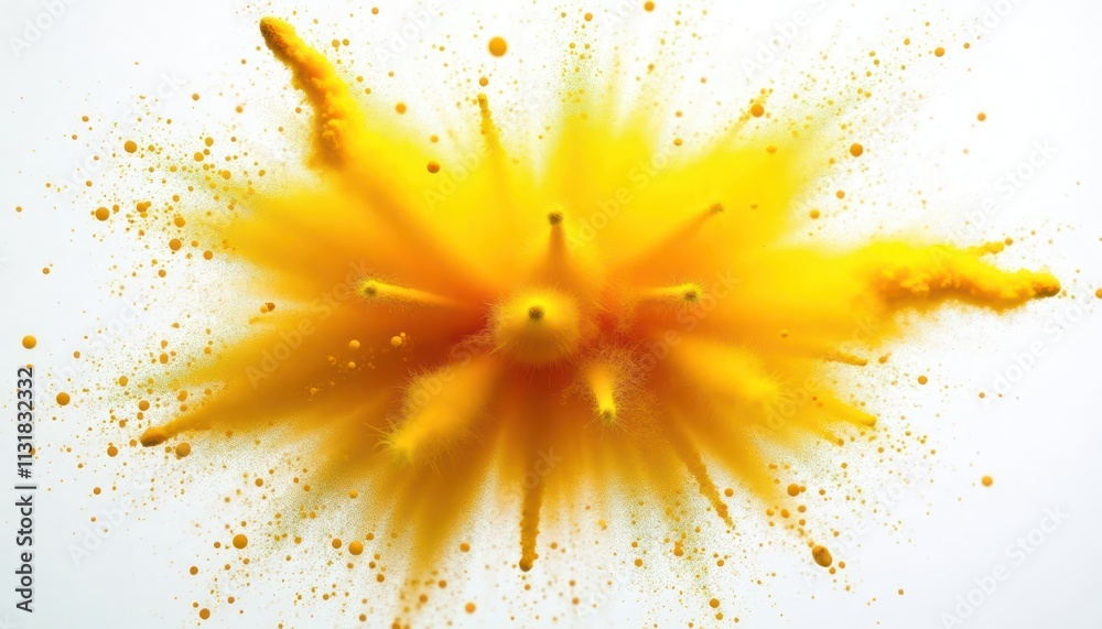 Aufkleber Yellow powder explodes creating vibrant color burst. Image shows dynamic visual effect. Perfect for design projects needing bright color accents. Background white. Ideal for Holi festival themes. Use