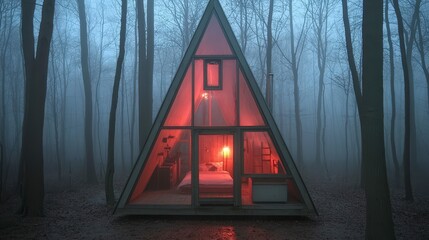 Misty Forest A Frame Cabin  Cozy Interior  Night Scene  Glowing Windows