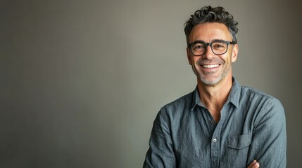 Obraz premium Studio shot of a casual man in everyday attire smiling against a neutral background